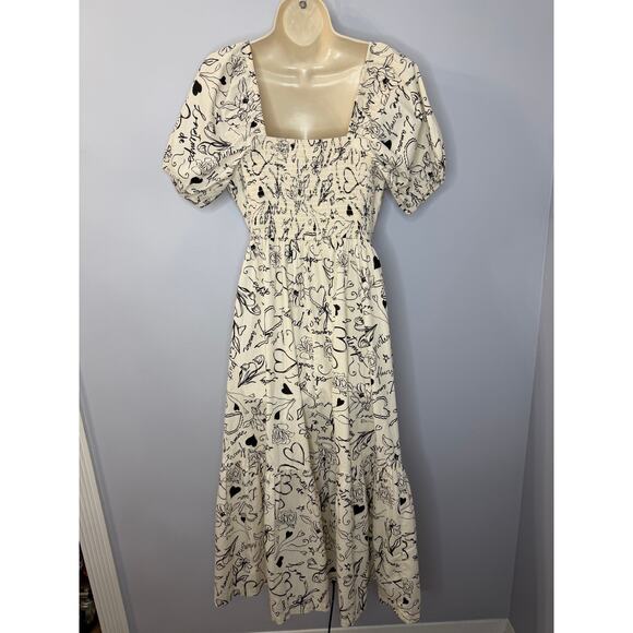 Japna Square Neck Puff Sleeve Midi Dress Black Cream Floral Women's M - Picture 10 of 15